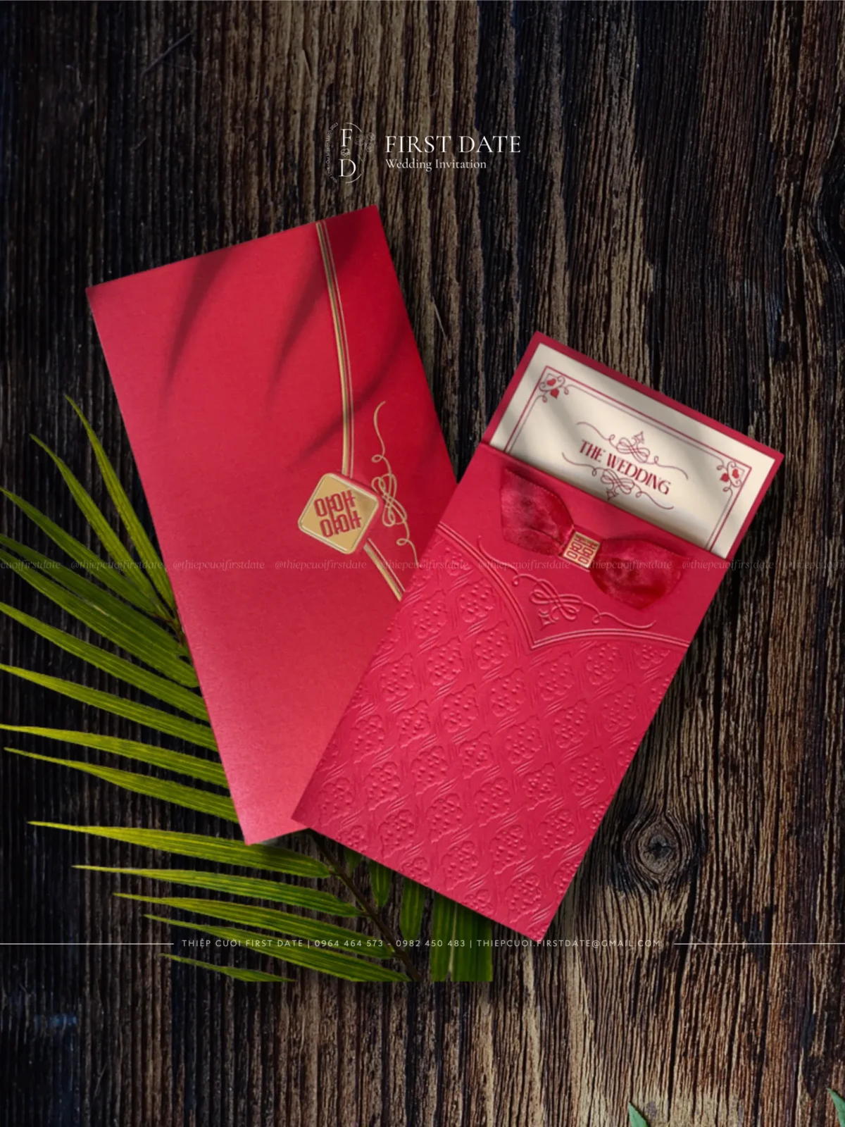 Thiệp cưới ép kim - mẫu gấp 3 túi đỏ nhung 2